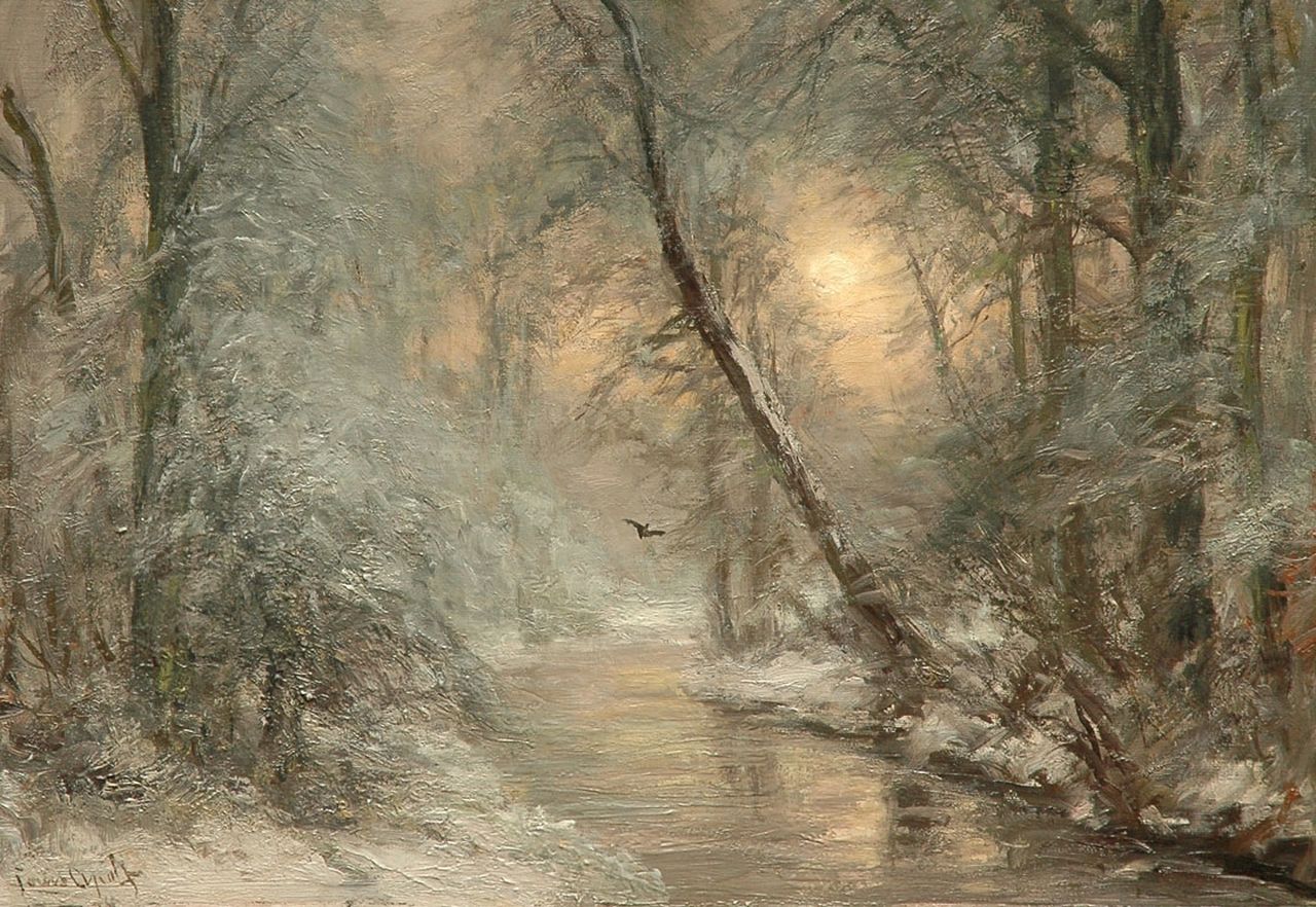 Apol L.F.H.  | Lodewijk Franciscus Hendrik 'Louis' Apol, A creek in a winter forest, oil on canvas 45.3 x 61.2 cm, signed l.l.