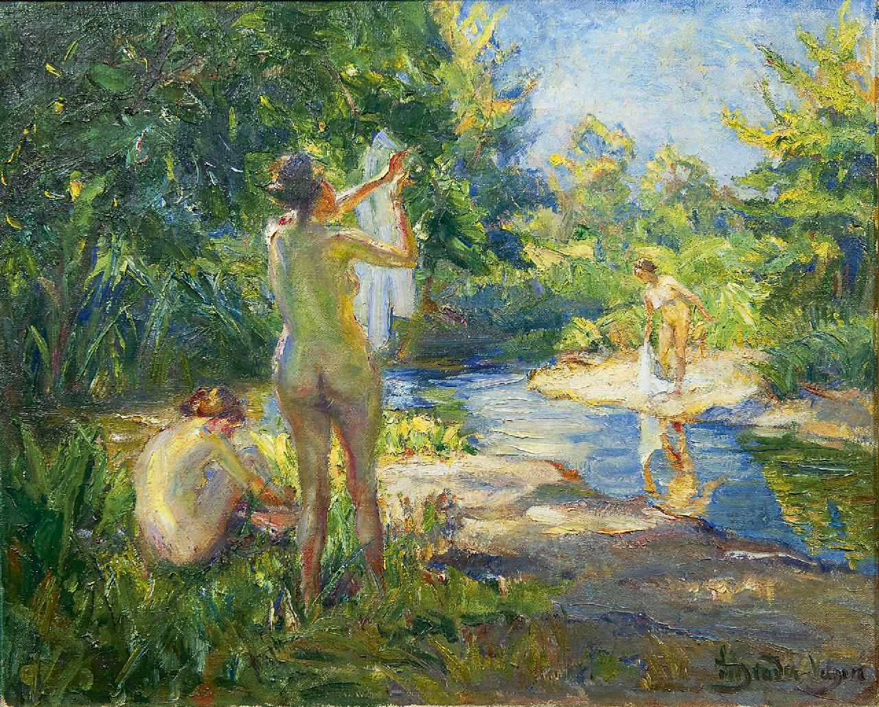 Schrader-Velgen C.H.  | Carl Hans Schrader-Velgen, Three bathing women, oil on canvas 65.4 x 79.9 cm, signed l.r.
