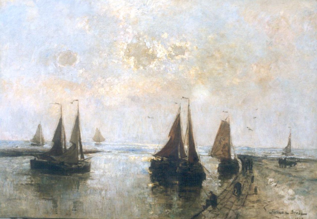 Grobe P.G.  | Philipp 'German' Grobe, Moored 'bomschuiten', Katwijk, oil on panel 87.2 x 125.0 cm, signed l.r. and dated 1908