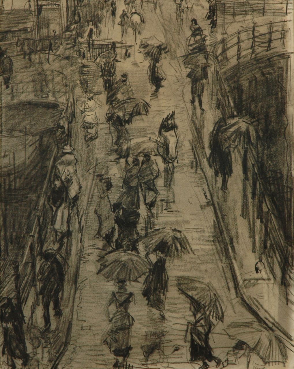 Israels I.L.  | 'Isaac' Lazarus Israels, Through the Rain; the Leliegracht in Amsterdam, charcoal and chalk on paper 62.0 x 47.5 cm, signed l.r. en verso and Executed ca. 1890-1894