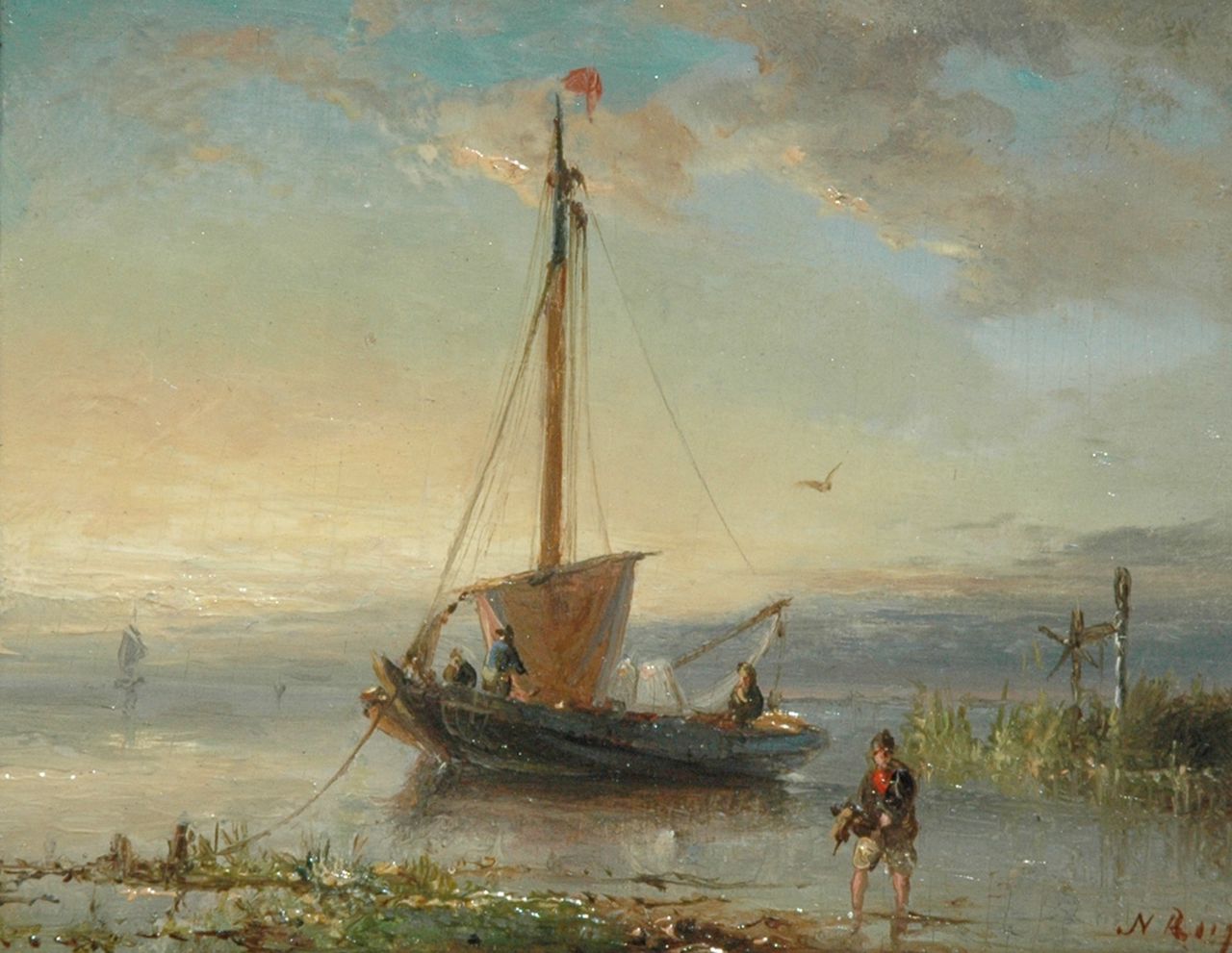 Riegen N.  | Nicolaas Riegen, The fishingboat at the waterside, oil on panel 8.5 x 10.9 cm, signed l.r. with initials