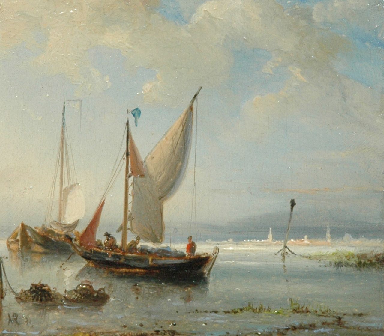 Riegen N.  | Nicolaas Riegen, Fishing boats on calm water, oil on panel 9.2 x 10.2 cm, signed l.l. with initials and dated '71