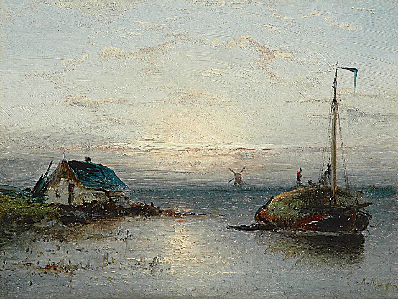 Riegen N.  | Nicolaas Riegen, A hay ship at sunset, oil on panel 15.4 x 21.1 cm, signed l.r.
