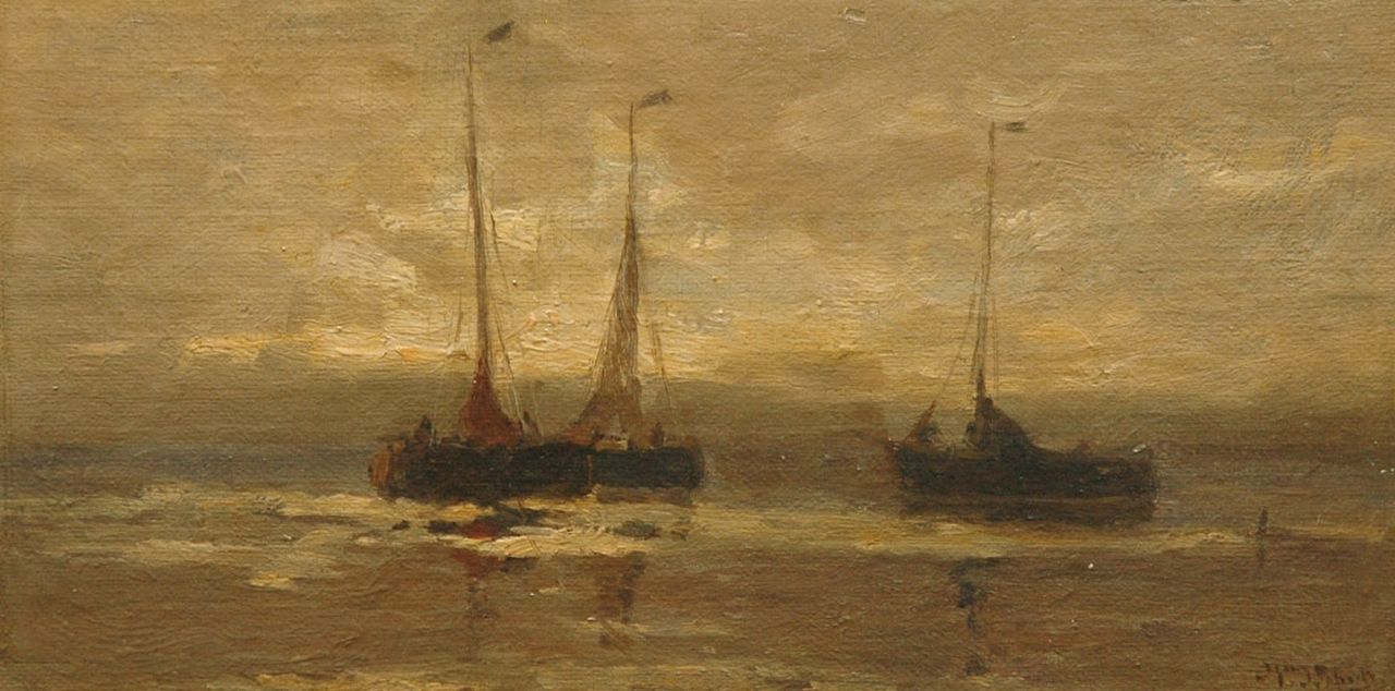 Schütz W.J.  | Willem Johannes Schütz, Two fishing boats at night, Zeeland, oil on canvas laid down on panel 13.7 x 26.7 cm, signed l.r.