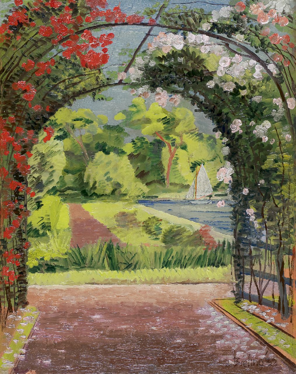 Bieling H.F.  | Hermann Friederich 'Herman' Bieling | Paintings offered for sale | Rose arbor in Plaswijckpark, Hillegersberg, oil on panel 39.3 x 30.7 cm, signed l.r. and dated '32