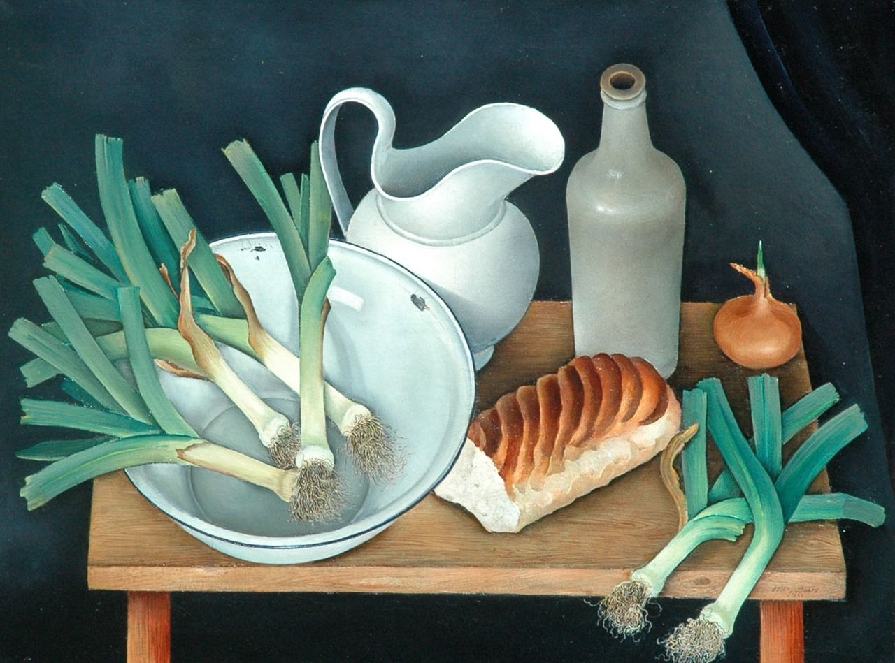 Boers W.H.F.  | 'Willy' Herman Friederich Boers, A still life with leek, oil on canvas 60.1 x 80.0 cm, signed l.r. and on the reverse and dated 1933 l.r. and on the reverse