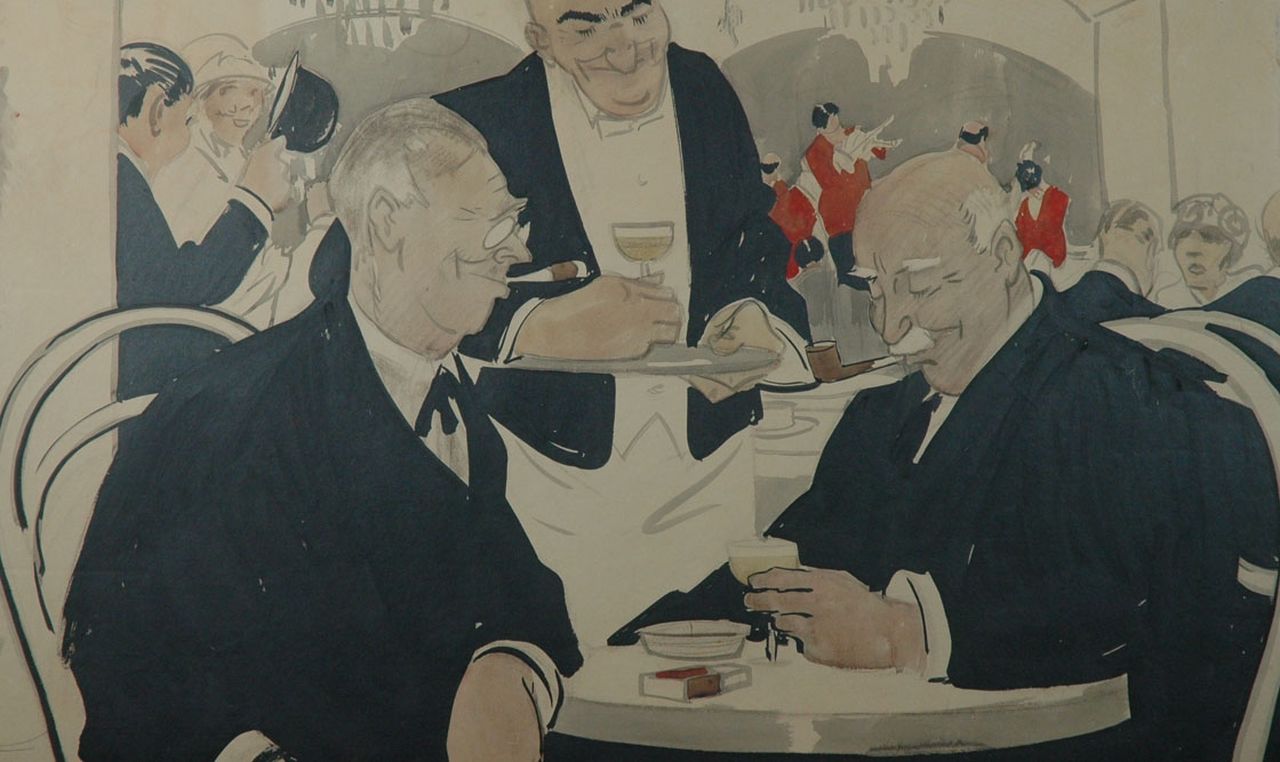 Hem P. van der | Pieter 'Piet' van der Hem, Two gentlemen having a drink, ink and watercolour on paper 53.8 x 86.8 cm