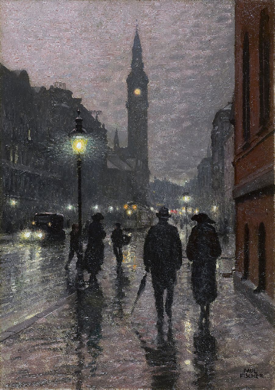 Fischer P.G.  | Poul Gustav 'Paul' Fischer, The Vester Voldgade in Copenhagen by night, oil on canvas 55.5 x 39.8 cm, signed l.r.