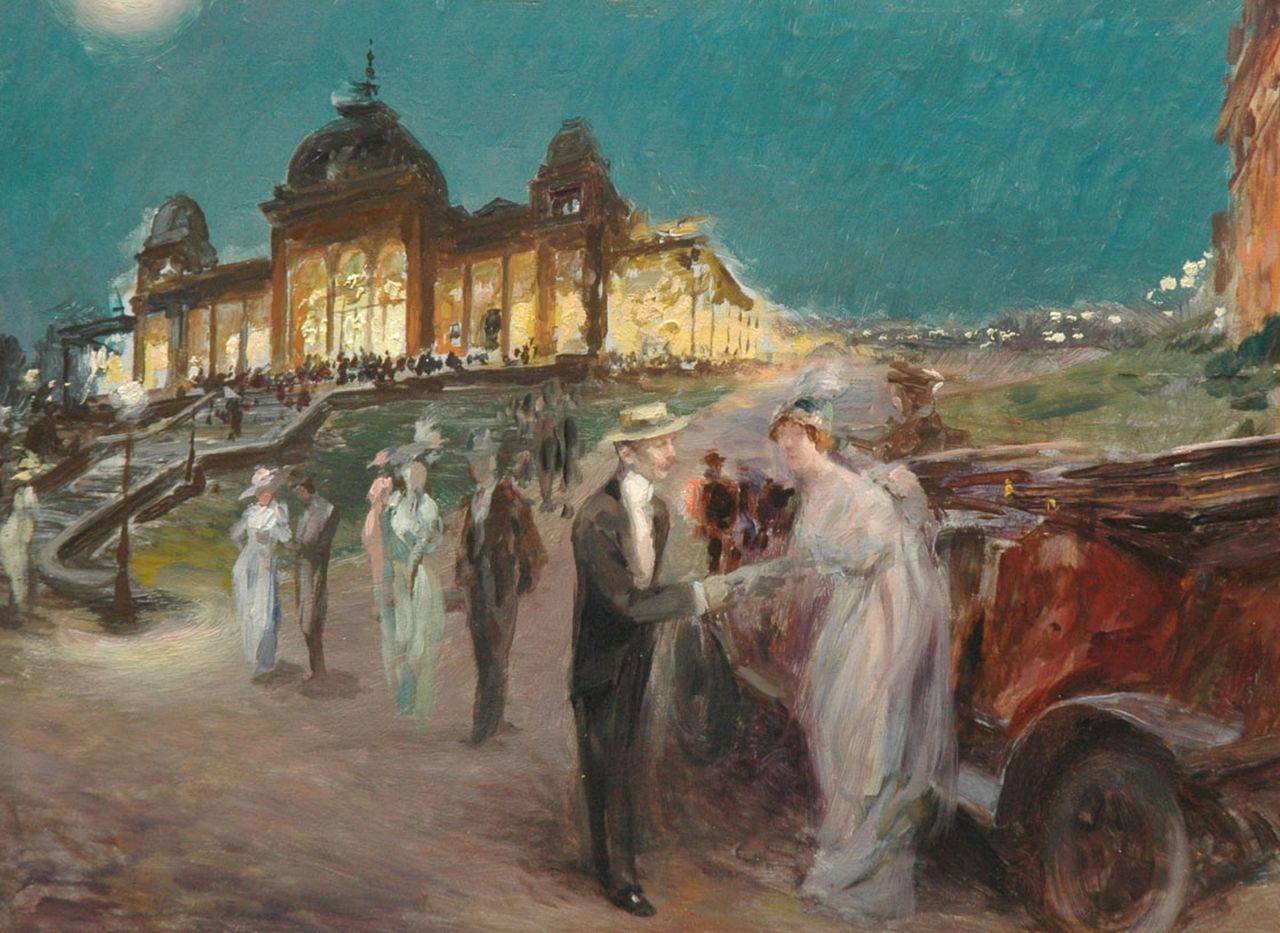 Alexandre de Andreis | Arrival at the casino of Vittel, oil on board, 23.9 x 33.0 cm, 1905