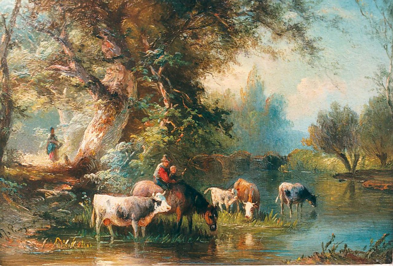 Prooijen A.J. van | Albert Jurardus van Prooijen, Cattle watering, oil on panel 15.5 x 21.7 cm, signed l.l.