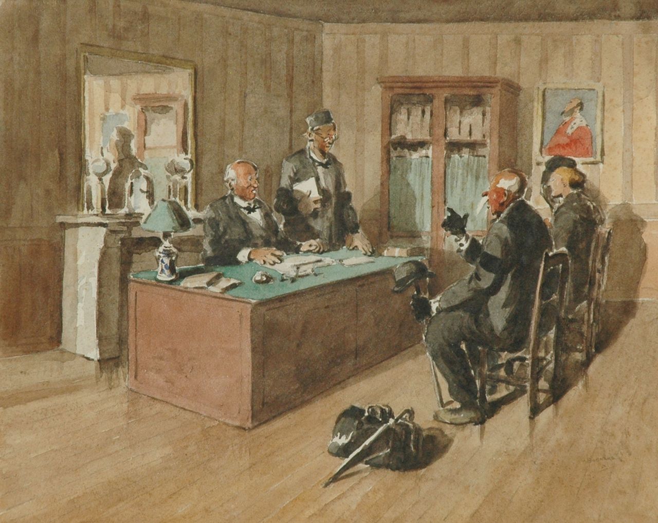 Bognard A.L.  | Auguste Lucien Bognard, At the notary, watercolour on paper 35.9 x 44.8 cm, signed l.r. and dated '50