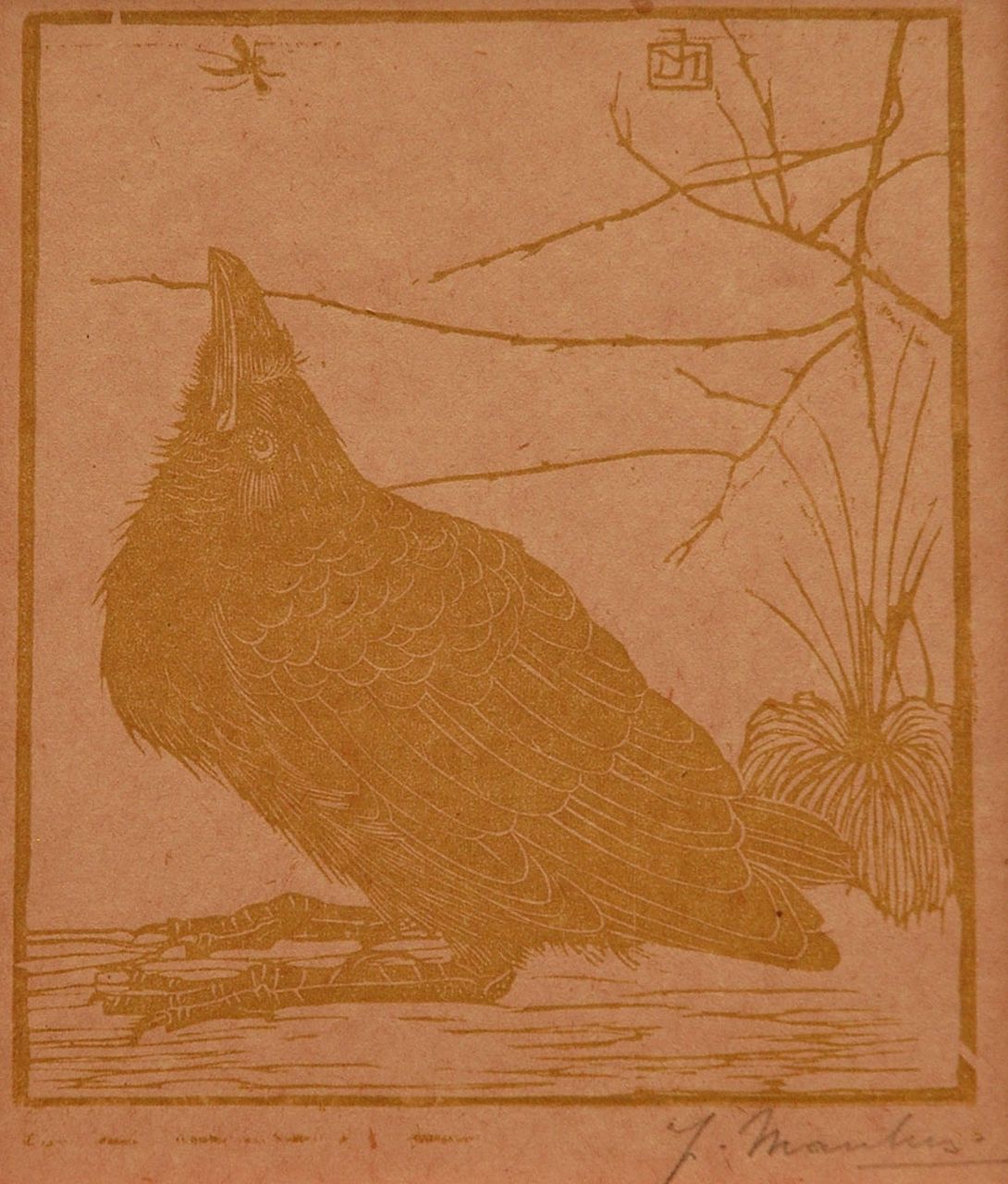 Mankes J.  | Jan Mankes, A crow, watching a mosquito, woodcut on coloured Japanese paper 11.8 x 10.2 cm, signed w mon in the block and l.r. in full (in pencil and executed in 1918