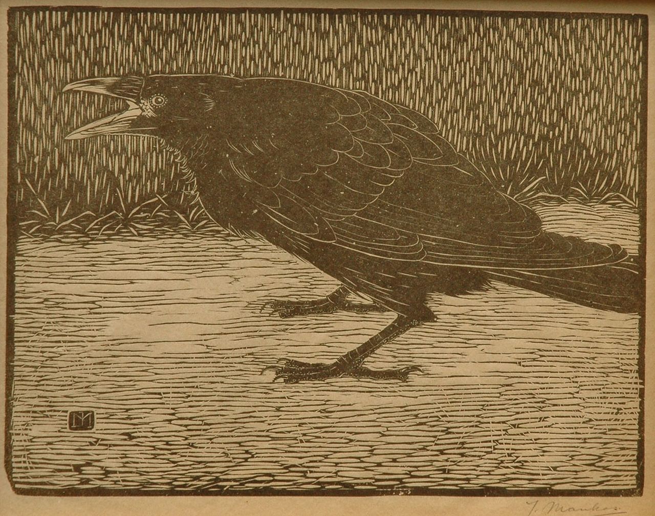 Mankes J.  | Jan Mankes, A screaming crow, woodcut on Japanese paper 18.3 x 23.8 cm, signed with mon. in the block and l.r. in full (in pencil and executed 1918