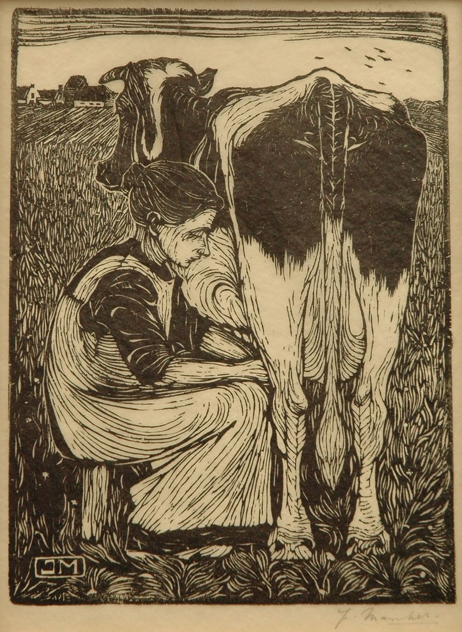 Mankes J.  | Jan Mankes, Milking a cow, woodcut on Chinese paper 19.2 x 14.5 cm, signed with mon. in the bloc and l.r. in full (in pencil) and executed in 1914