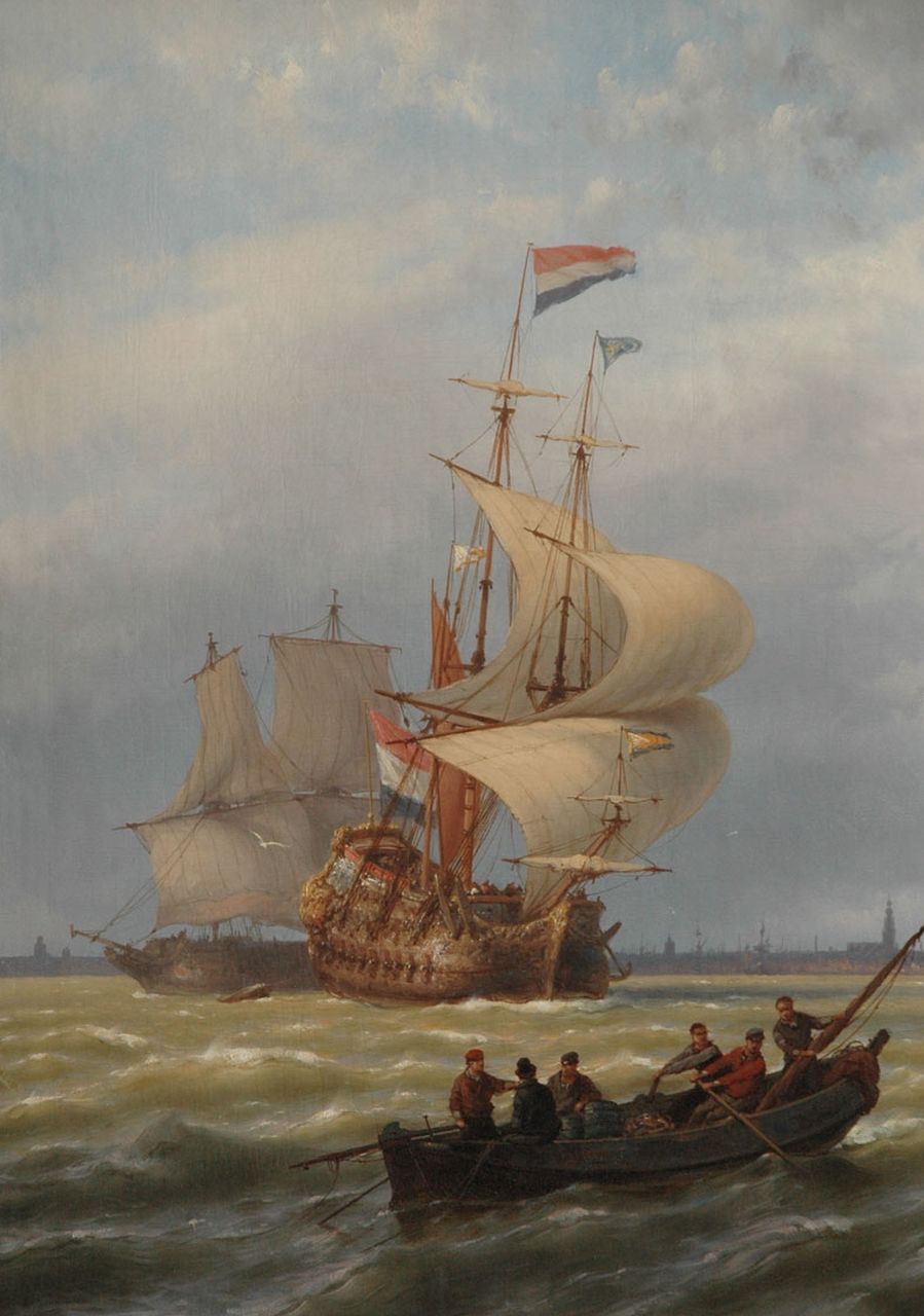 Koekkoek J.H.B.  | Johannes Hermanus Barend 'Jan H.B.' Koekkoek, A Dutch 17th century warship on the IJ near Amsterdam, oil on canvas 78.5 x 55.8 cm