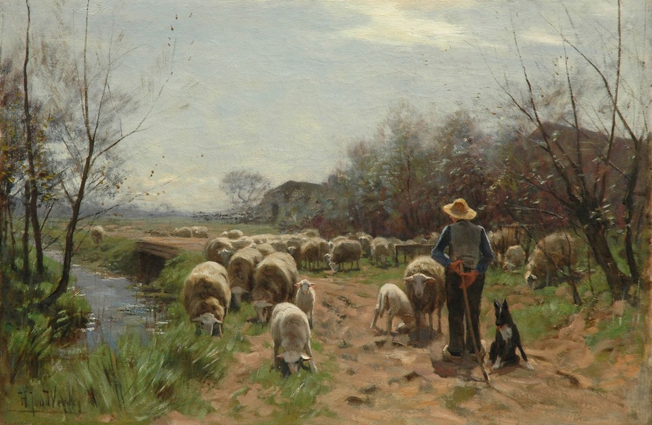 Weele H.J. van der | 'Herman' Johannes van der Weele, Shepherd with his sheep, oil on canvas 58.1 x 86.5 cm, signed l.l.