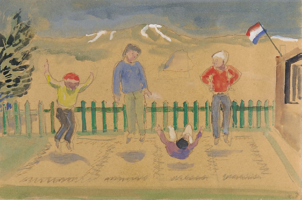 Kamerlingh Onnes H.H.  | 'Harm' Henrick Kamerlingh Onnes, On the trampoline, Terschelling, pen, ink and watercolour on paper 19.4 x 29.7 cm, signed l.r. with monogram and dated '71