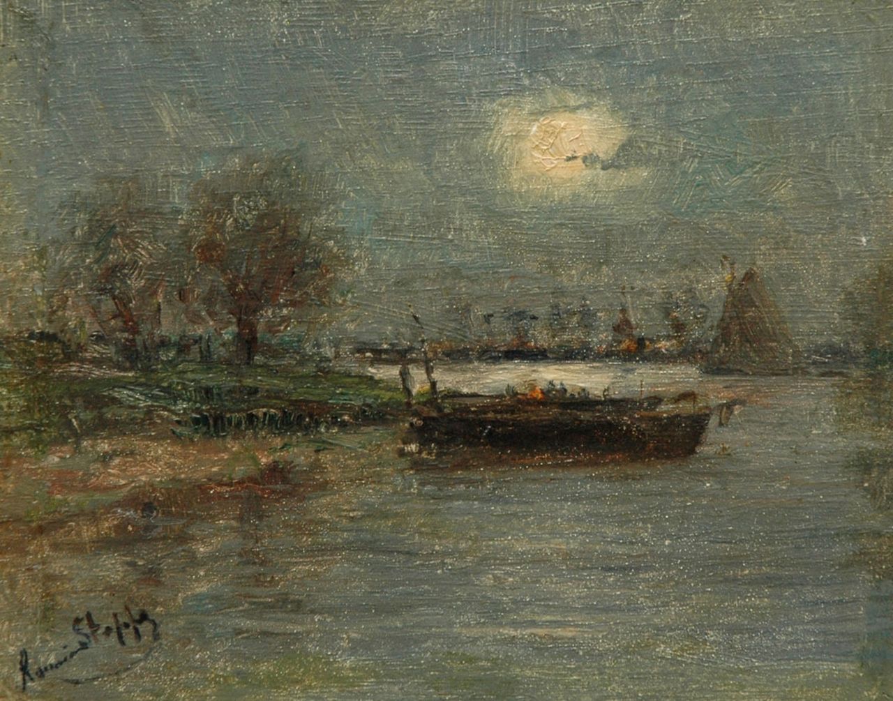 Steppe R.  | Romain Steppe, Sunset on the river Schelde, oil on panel 11.5 x 14.9 cm, signed l.l.