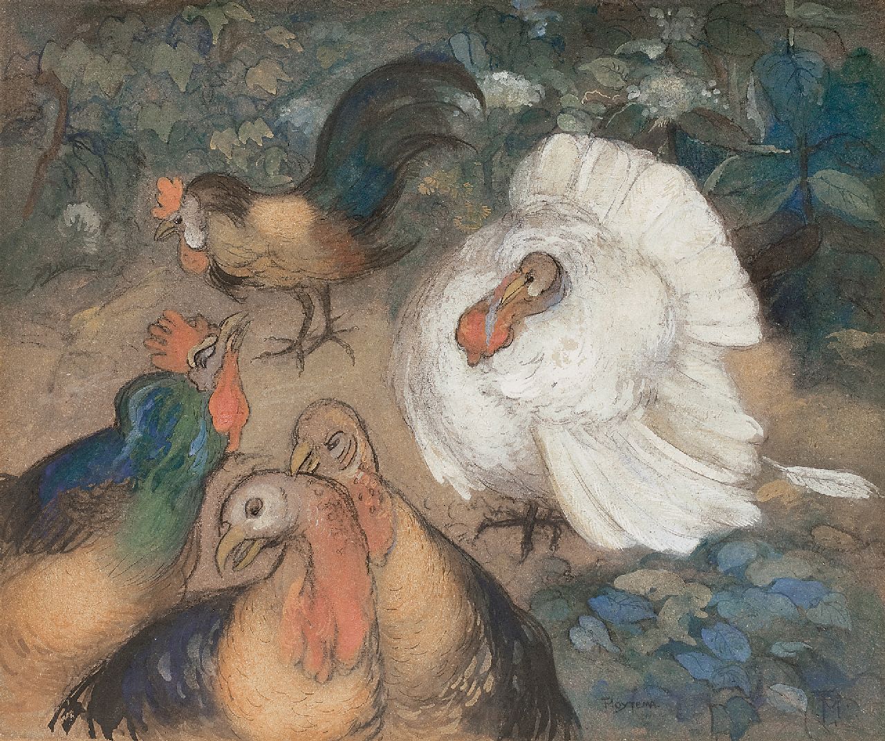 Hoytema Th. van | Theodorus 'Theo' van Hoytema | Watercolours and drawings offered for sale | Poultry, chalk and watercolour on board 49.6 x 59.6 cm, signed l.r. with monogram and in full