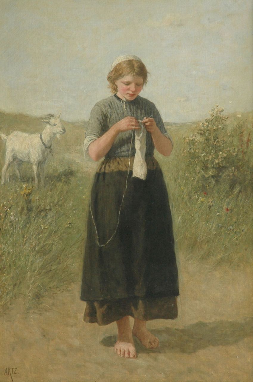 Artz D.A.C.  | David Adolphe Constant Artz, Girl knitting in the dunes, oil on canvas 139.5 x 94.4 cm, signed l.l.
