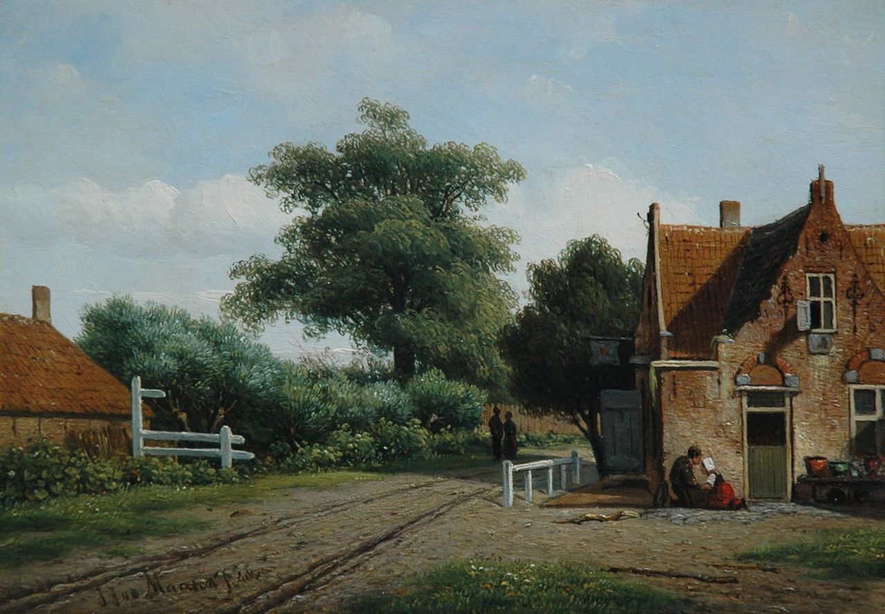 Maaten J.J. van der | Jacob Jan van der Maaten, Figures in front of farmhouse along a path, oil on panel 17.0 x 25.0 cm, signed l.l. and dated '48