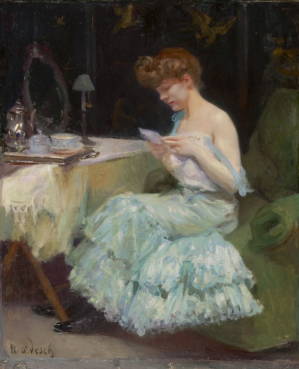 Desch A.T.  | Auguste Théodore Desch, The letter, oil on panel 56.0 x 45.9 cm, signed l.l. and on label on the reverse and te dateren ca. 1906