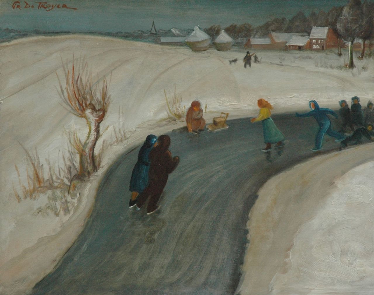 Troyer P. de | Prosper de Troyer, Skaters in landscape with snow, oil on panel 72.4 x 89.9 cm, signed u.l.