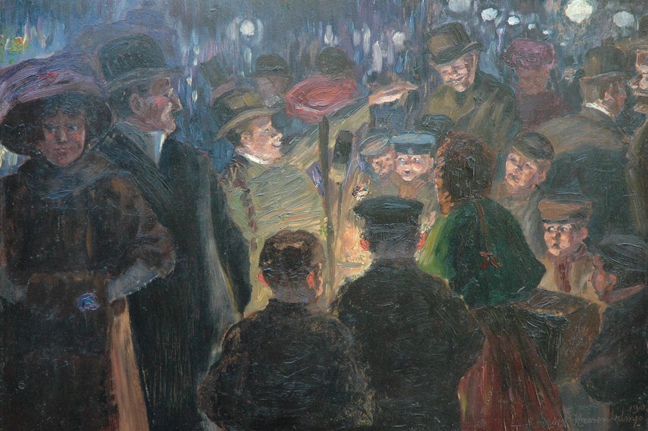 Hassenkamp K.  | Kurt Hassenkamp, A street artist at night, Berlin, oil on cardboard 43.6 x 61.4 cm, signed l.r. and dated 1908