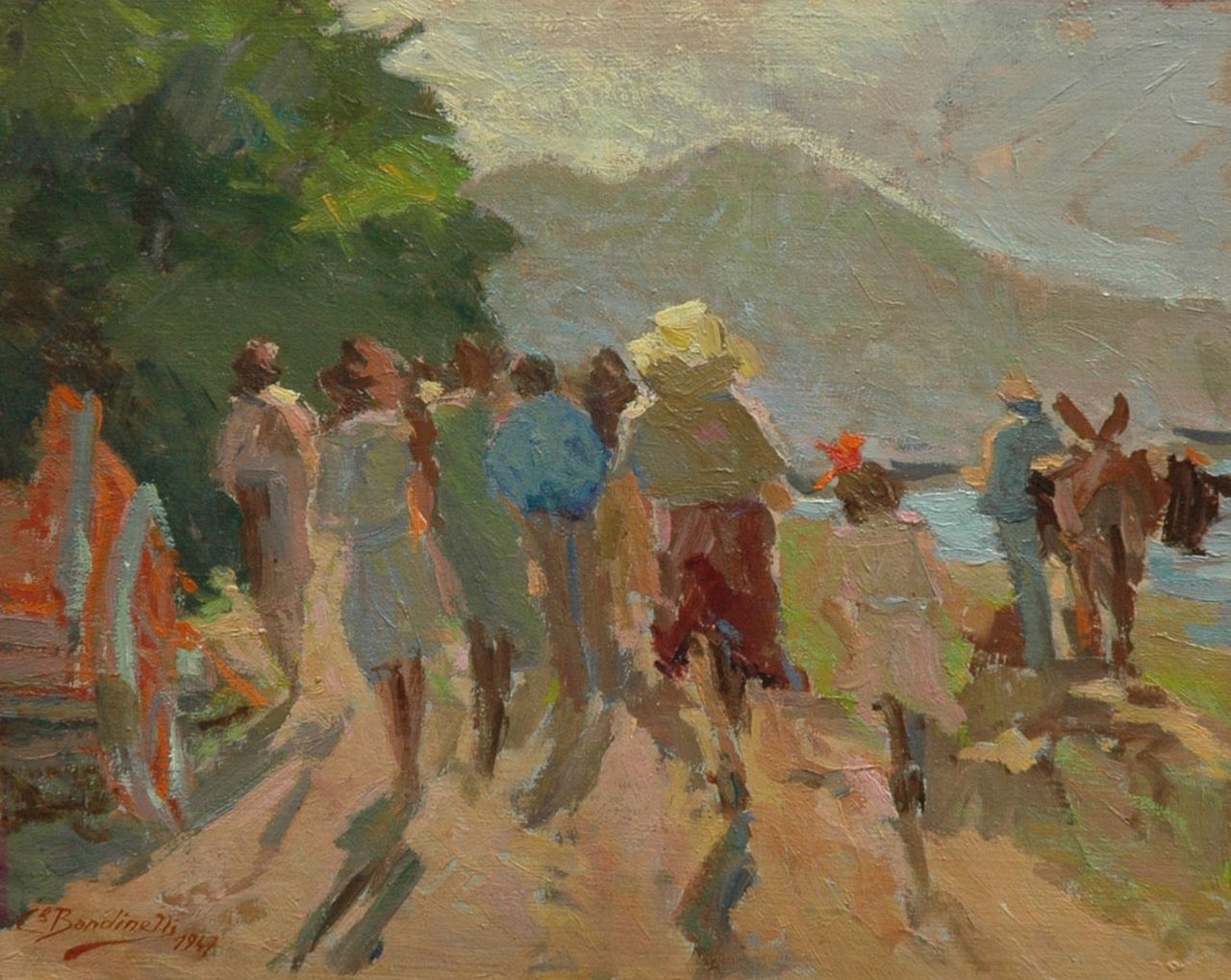 Aldo Bandinelli | A walk in the countryside, oil on canvas laid down on board, 25.5 x 31.5 cm, signed l.l. and with monogram on the reverse and dated 1947