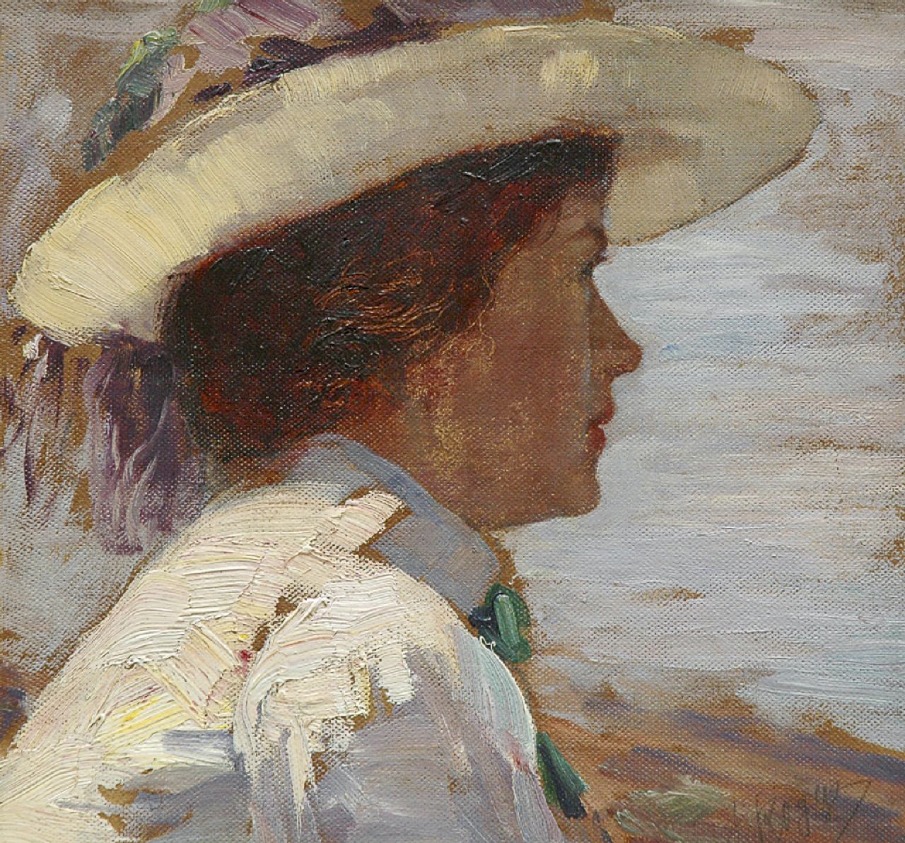 Adalbert Rogge | Lady with hat looking out over the sea, oil on board, 23.9 x 25.0 cm, signed l.r.