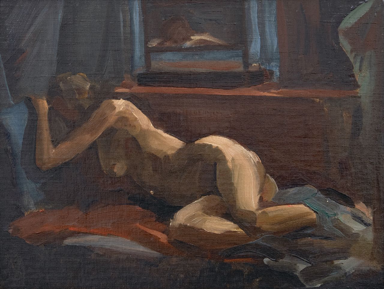 Maze P.L.  | 'Paul' Lucien Maze | Paintings offered for sale | Reclining nude and voyeur, oil on canvas laid down on board 27.0 x 34.8 cm