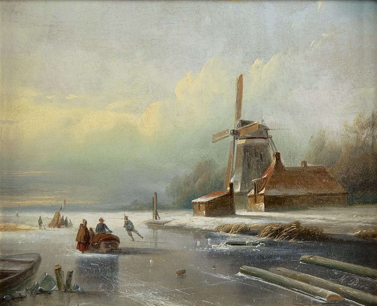 Parré M.  | Matthias Parré, A winter landscape with skaters, oil on panel 23.5 x 29.4 cm, signed l.r.