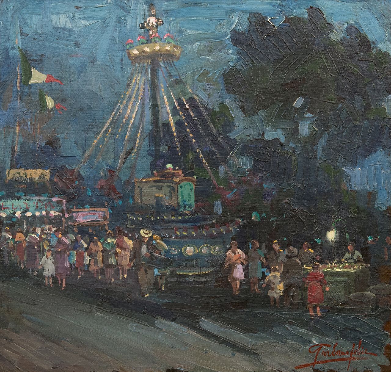 Felice Giordano | The merry-go-round by night, oil on canvas laid down on board, 47.8 x 50.8 cm, signed l.r.