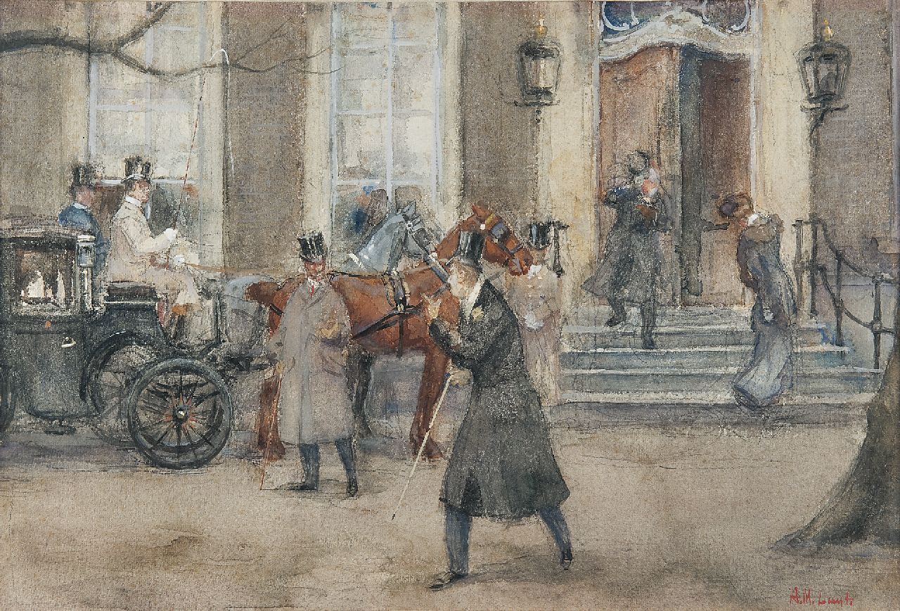 Luijt A.M.  | Arie Martinus 'Thies' Luijt, A busy day near Lange Voorhout 32, The Hague, pencil and watercolour on paper 33.6 x 50.0 cm, signed l.r.