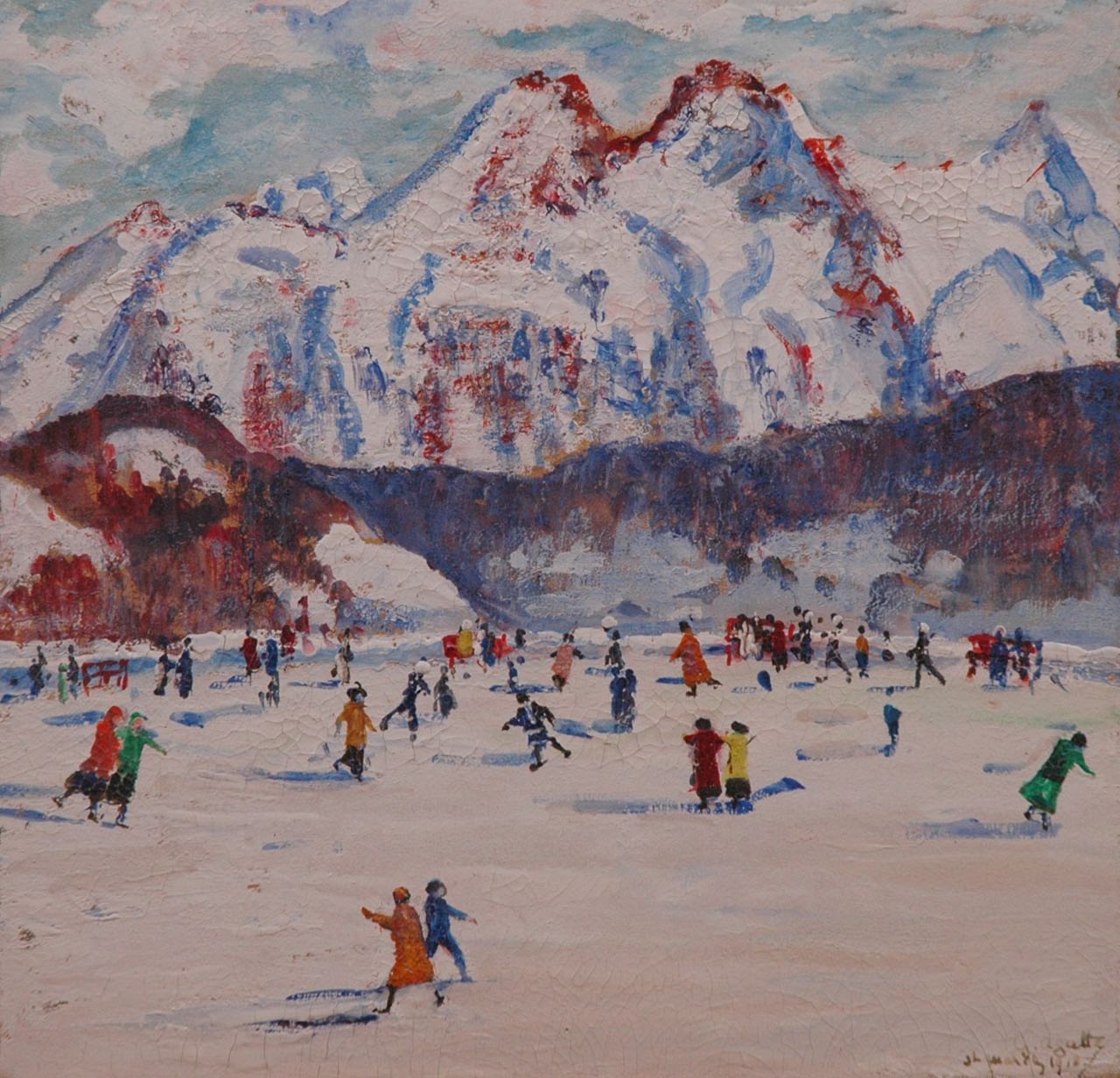 Agutte G.  | Georgette Agutte, Skating at St. Moritz, gouache on board 23.5 x 24.3 cm, signed l.r. and dated 'St. Moritz 1918'