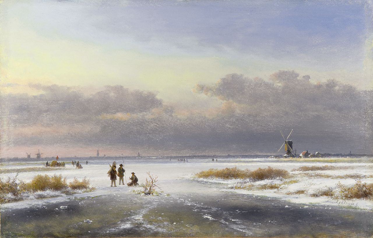 Kleijn L.J.  | Lodewijk Johannes Kleijn, A winter landscape with skaters and windmills, oil on panel 33.5 x 52.0 cm, signed l.r.