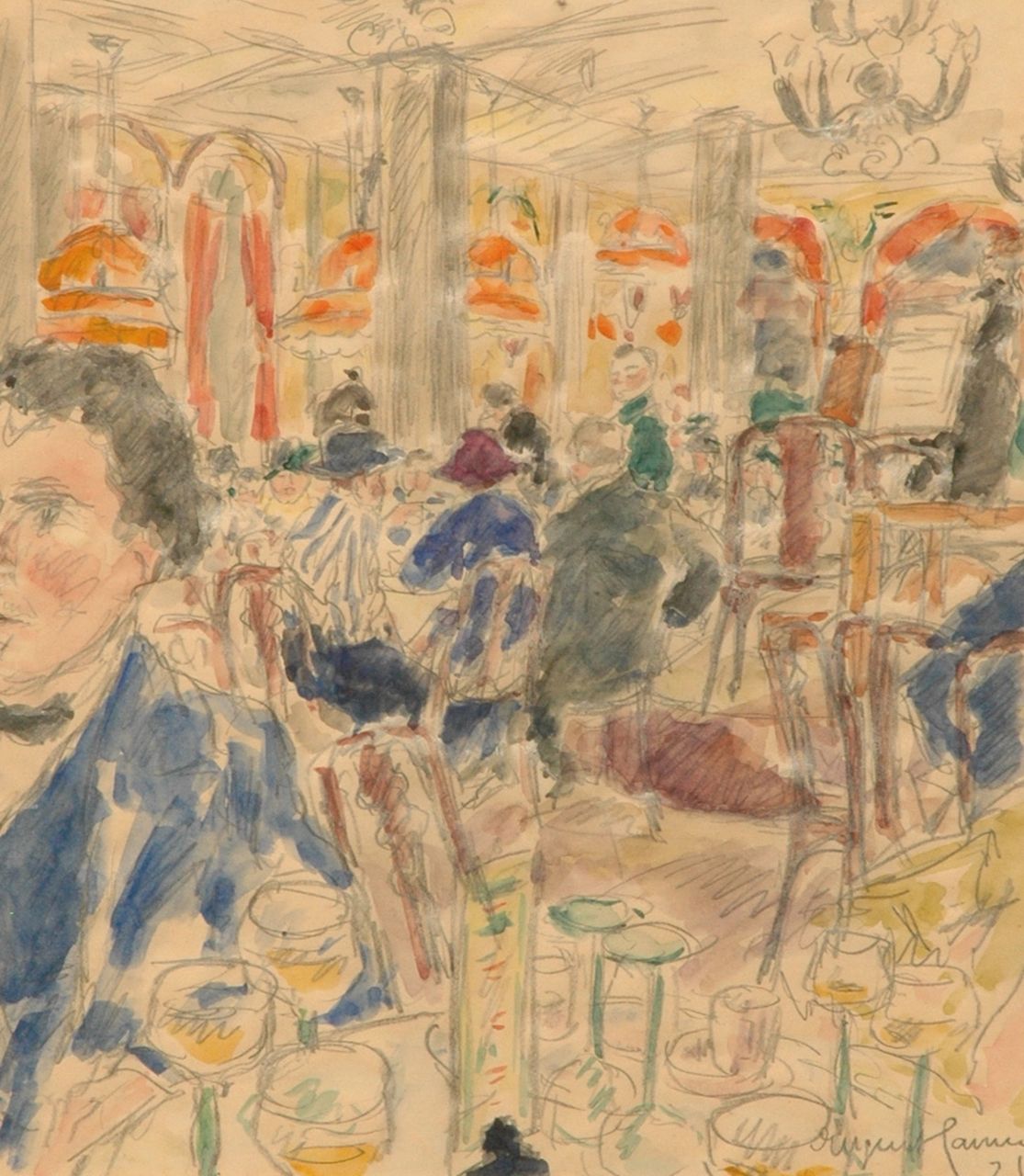 Hamm E.  | Eugen Hamm, At the coffee house 'Drei Könige' in Leipzig, pencil and watercolour on paper 33.3 x 29.3 cm, signed l.r. and dated '21