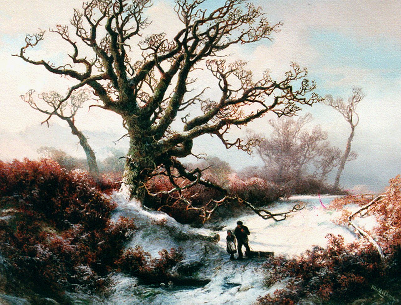 Middelbeek M.C.  | Marius Christiaan Middelbeek, A winter landscape with travellers at dusk, oil on canvas 47.0 x 57.0 cm, signed l.r.