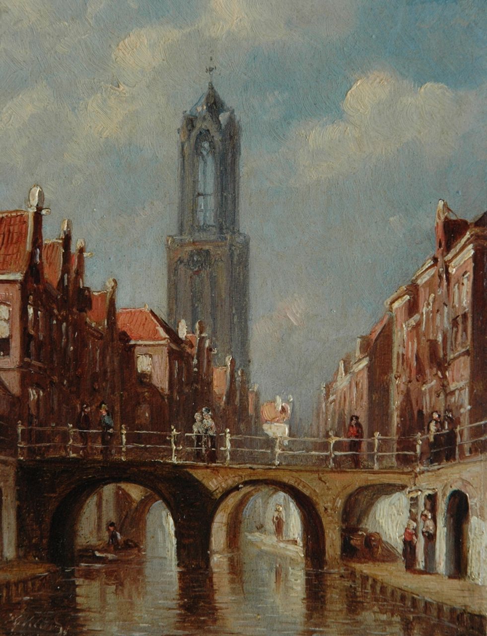 Vertin P.G.  | Petrus Gerardus Vertin, A town view with the Dom tower in Utrecht, oil on panel 14.8 x 11.3 cm, signed l.l.