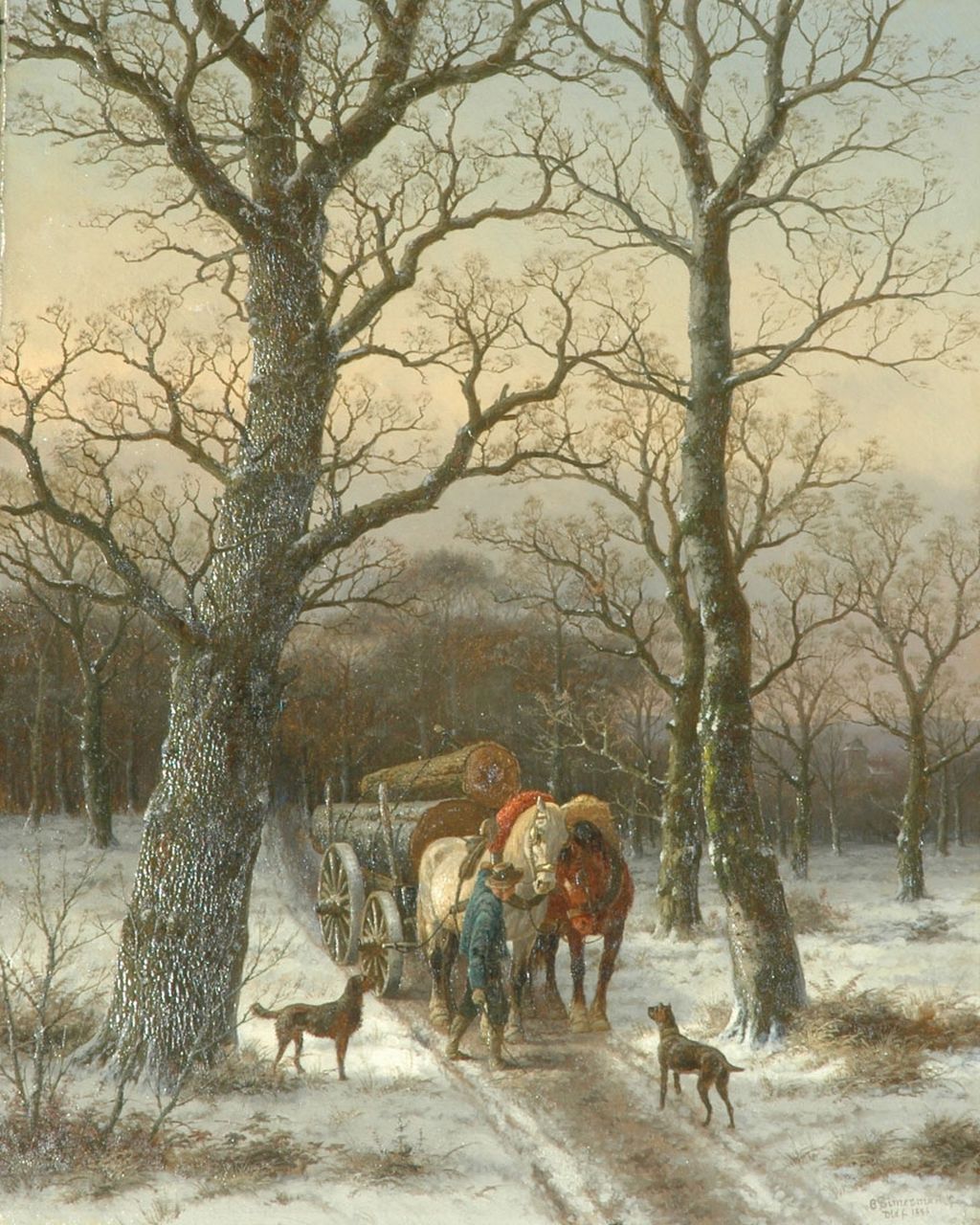 Bimmermann C.  | Caesar Bimmermann, Lumberman with wagon on a snowy path, oil on canvas 96.6 x 78.0 cm, signed l.r. and dated 'Dldf 1886'