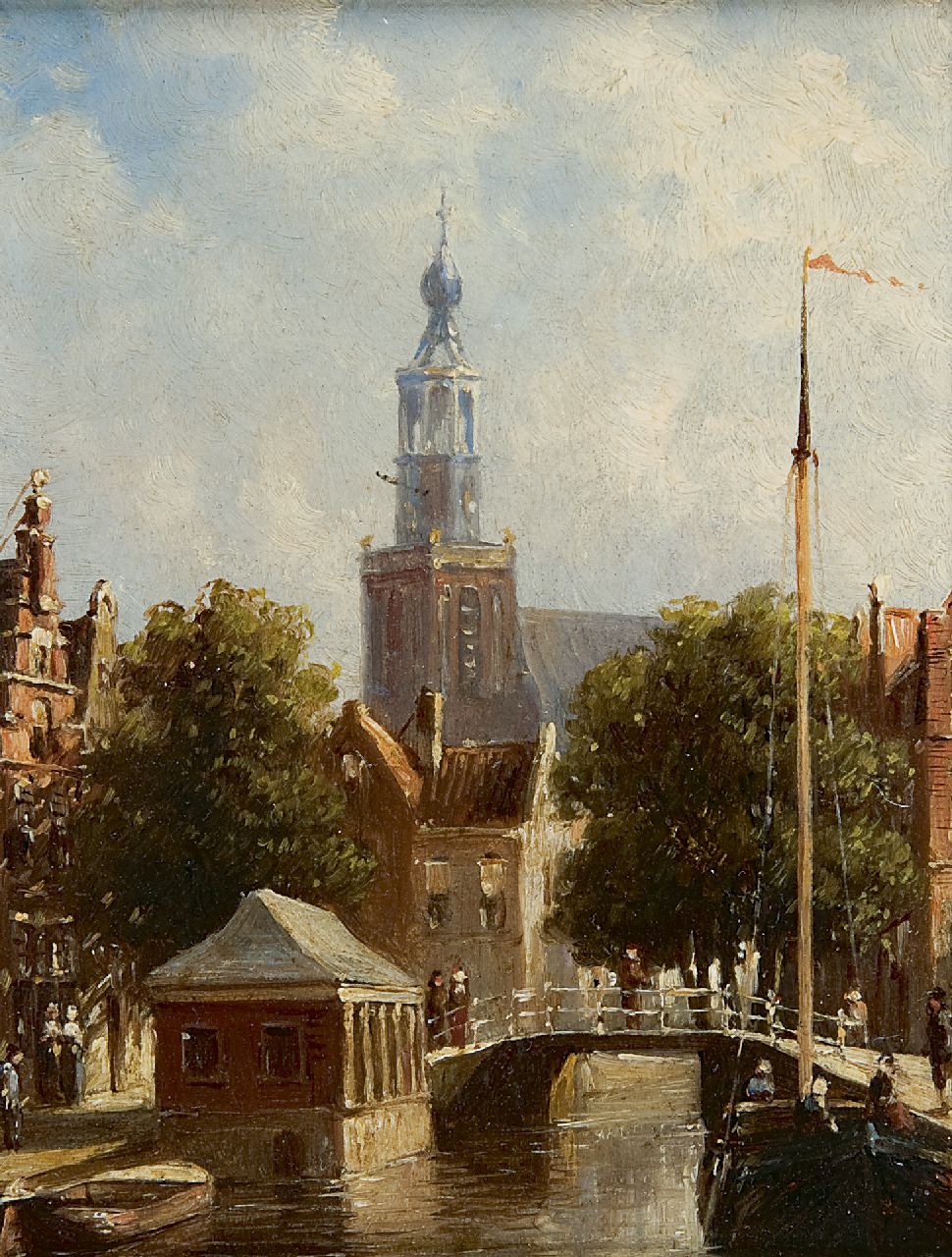 Vertin P.G.  | Petrus Gerardus Vertin, A town view with the St. Janskerk in Gouda, oil on panel 14.9 x 11.4 cm