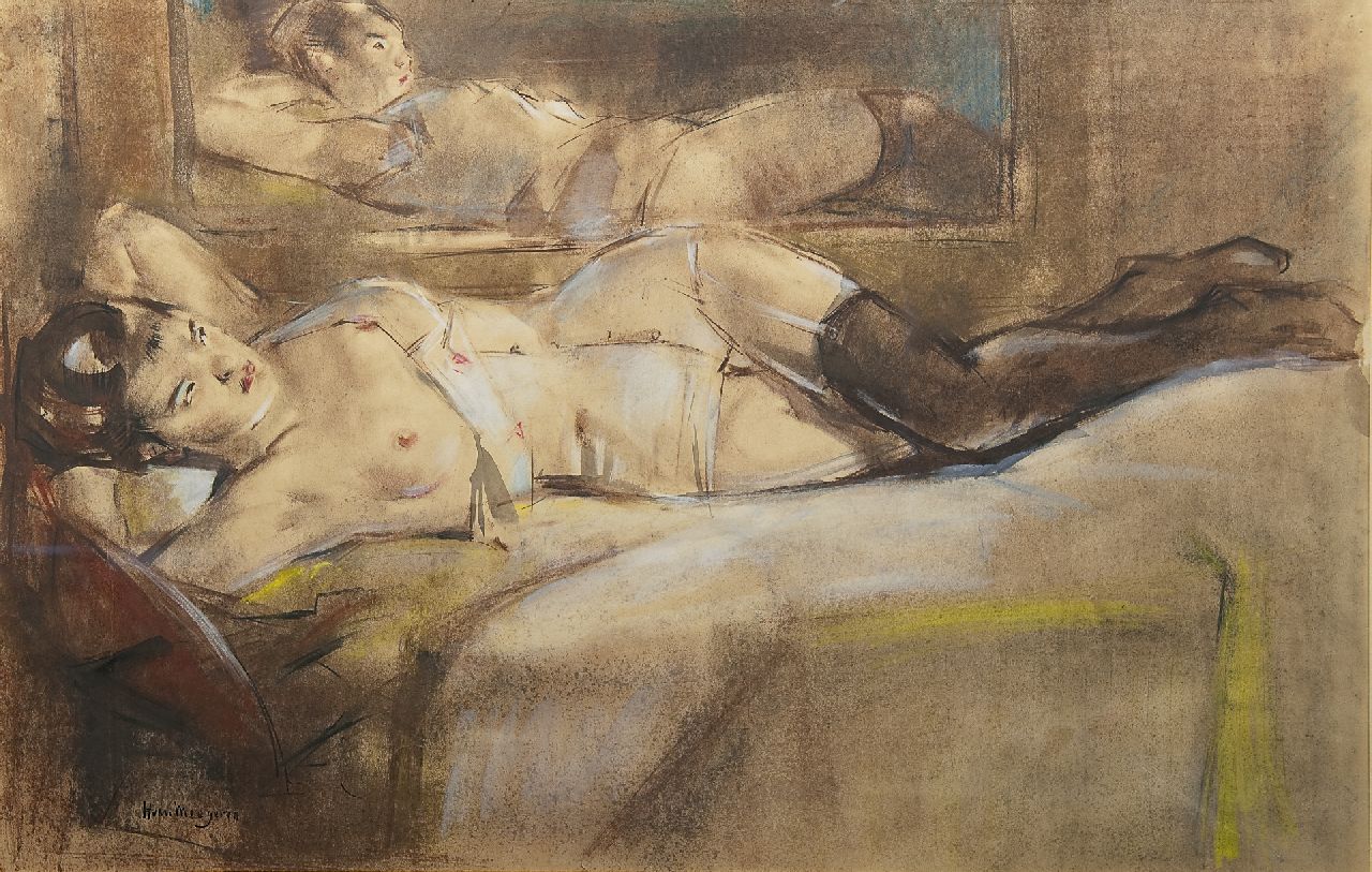 Meegeren H.A. van | Henricus Antonius 'Han' van Meegeren | Watercolours and drawings offered for sale | Reclining nude in front of a mirror, pastel on paper 61.0 x 95.0 cm, signed l.l.