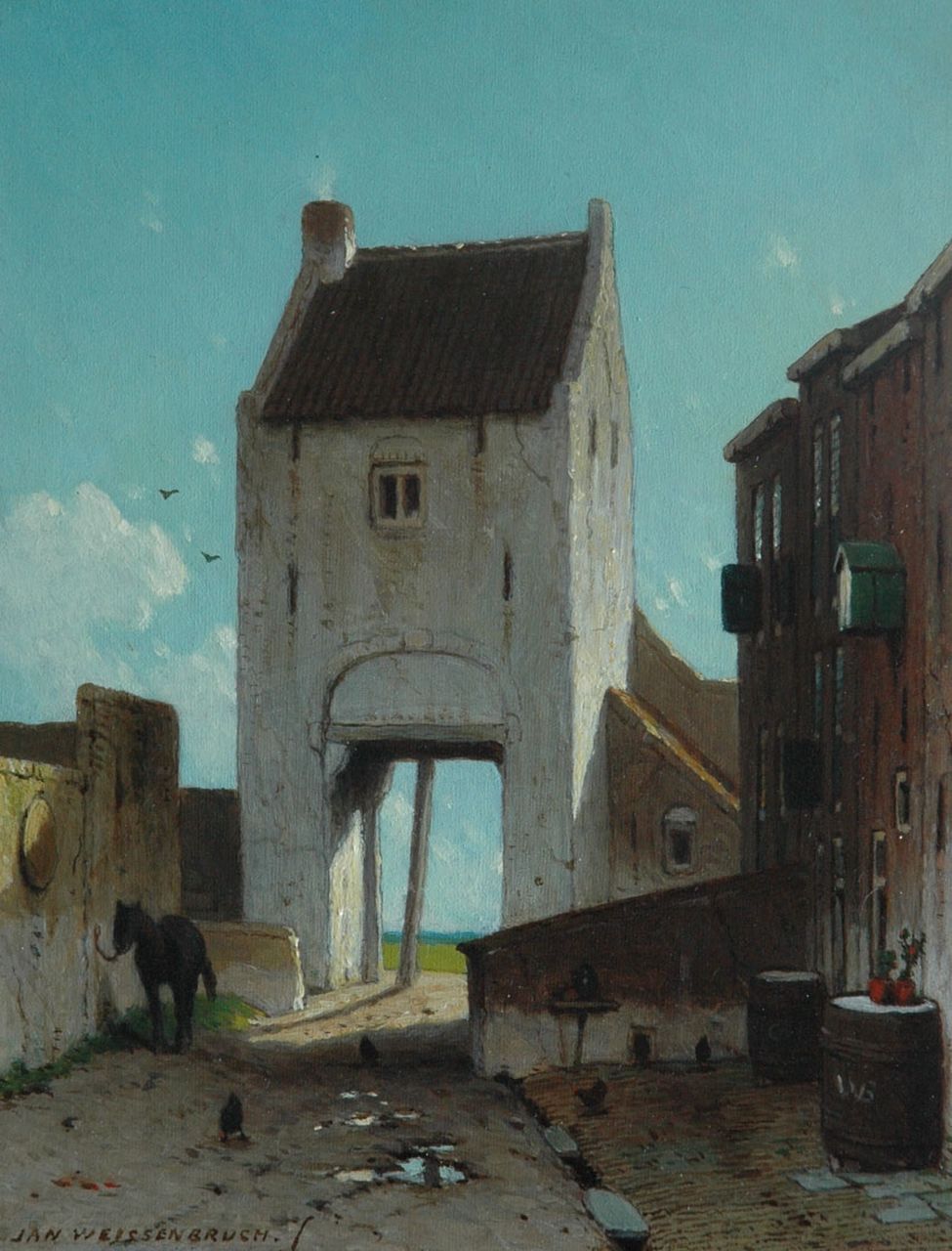 Weissenbruch J.  | Johannes 'Jan' Weissenbruch, The entrance gate of Leerdam, oil on panel 19.0 x 14.7 cm, signed l.l.