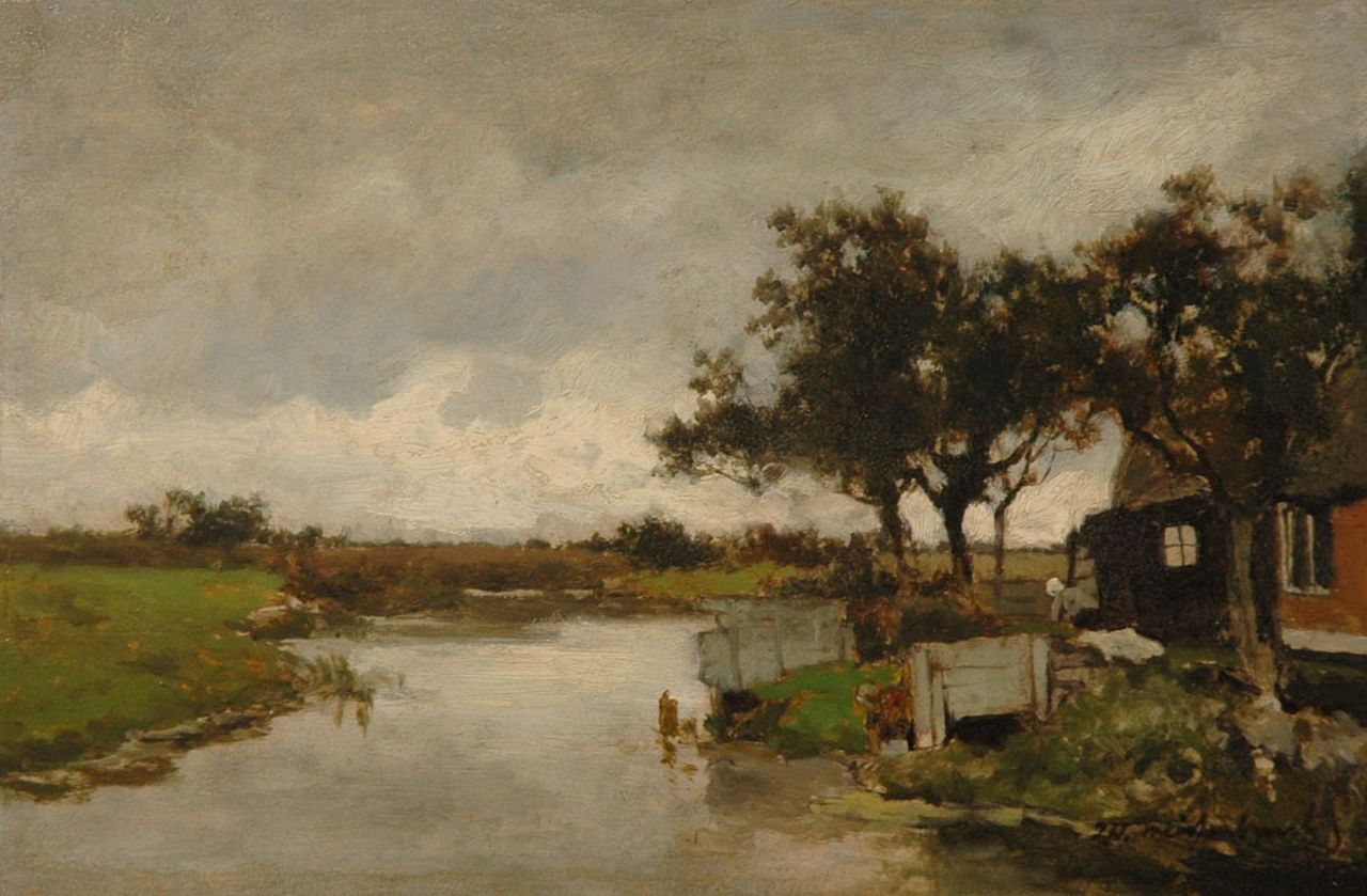 Weissenbruch H.J.  | Hendrik Johannes 'J.H.' Weissenbruch, Washing day, oil on panel 23.9 x 36.1 cm, signed l.r.