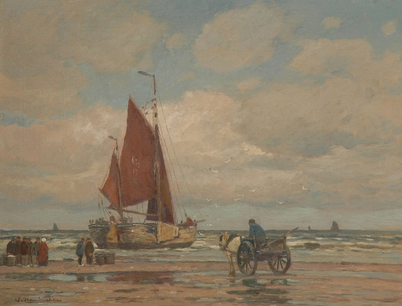 Hambüchen W.  | Wilhelm Hambüchen, Moored fishing boat on the beach of Katwijk, oil on canvas 62.5 x 81.5 cm, signed l.l.