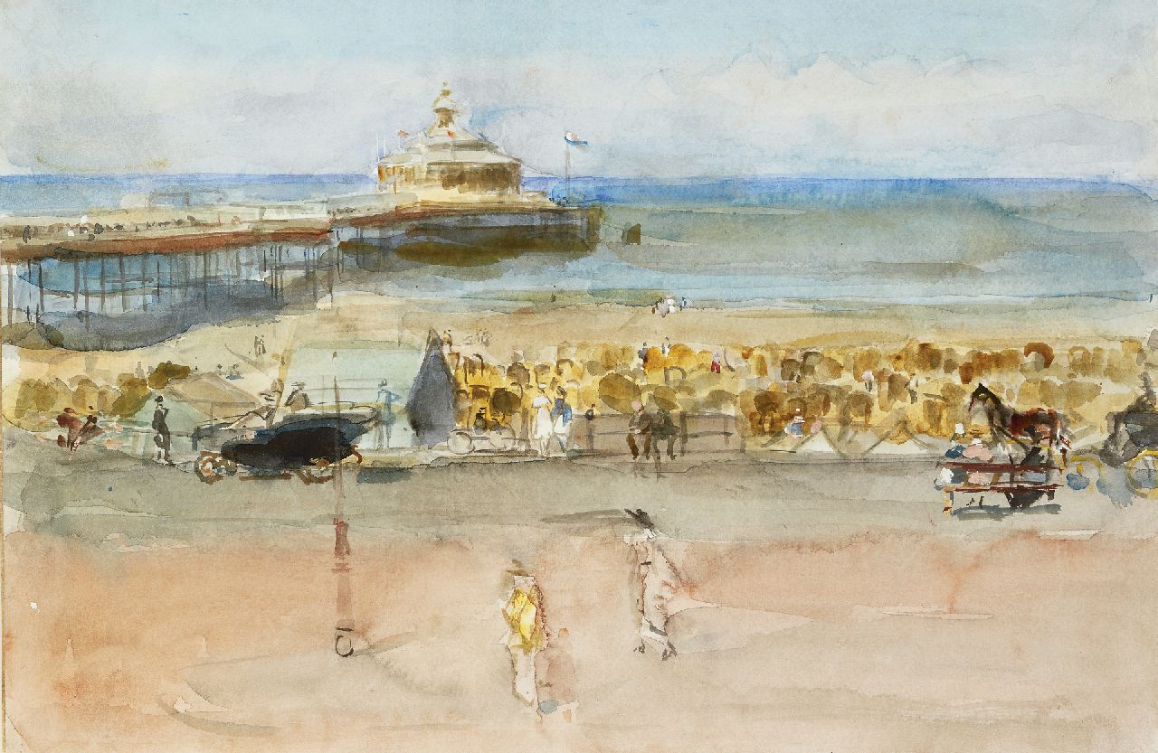Israels I.L.  | 'Isaac' Lazarus Israels, A sunny day on the Scheveningen boulevard, watercolour and gouache on paper laid down on board 33.7 x 50.6 cm, painted 1915-1919