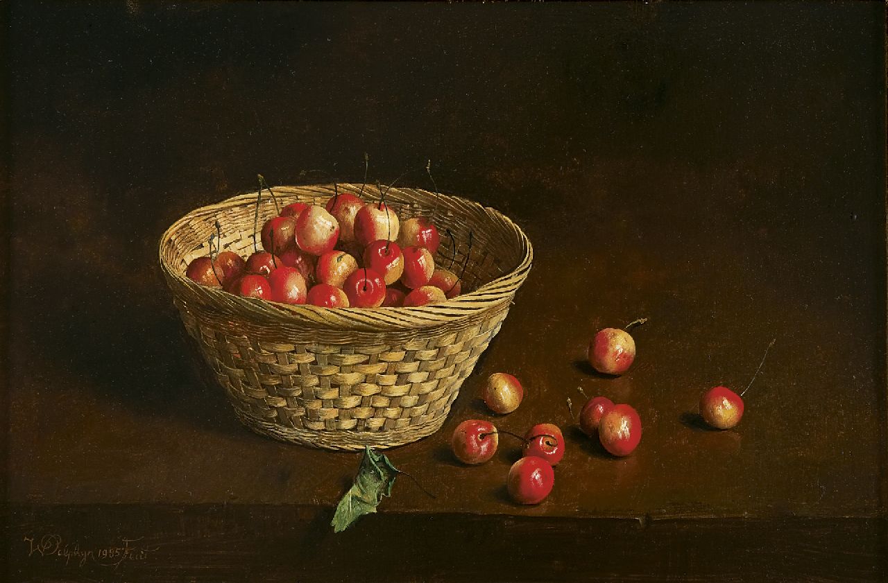 Willem Dolphyn | A still life with cherries in a basket, oil on panel, 29.4 x 44.3 cm, signed l.l. and executed 1985
