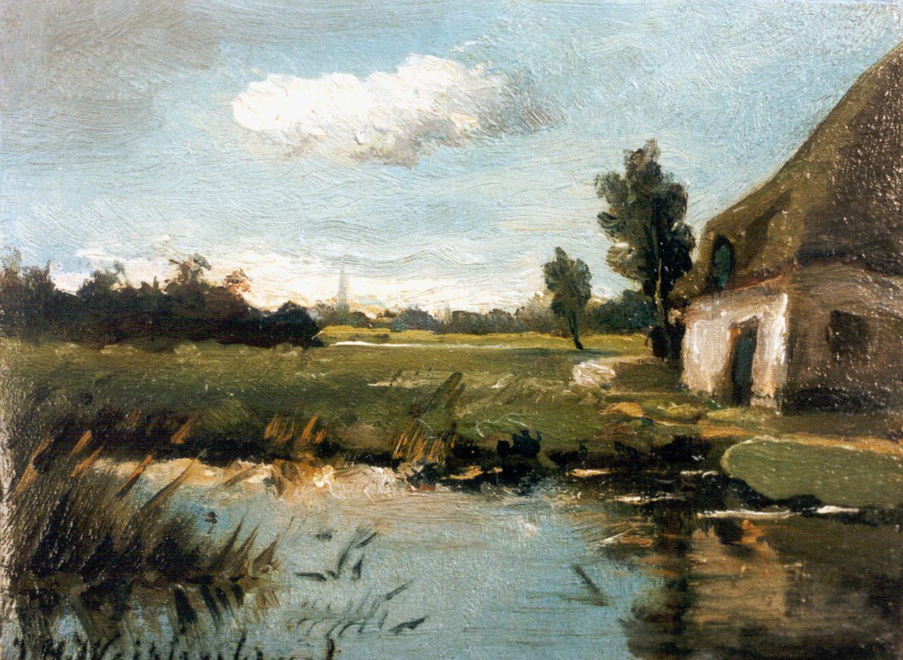 Weissenbruch H.J.  | Hendrik Johannes 'J.H.' Weissenbruch, A view of a pond by a farm, oil on panel 7.0 x 9.2 cm, signed l.l.