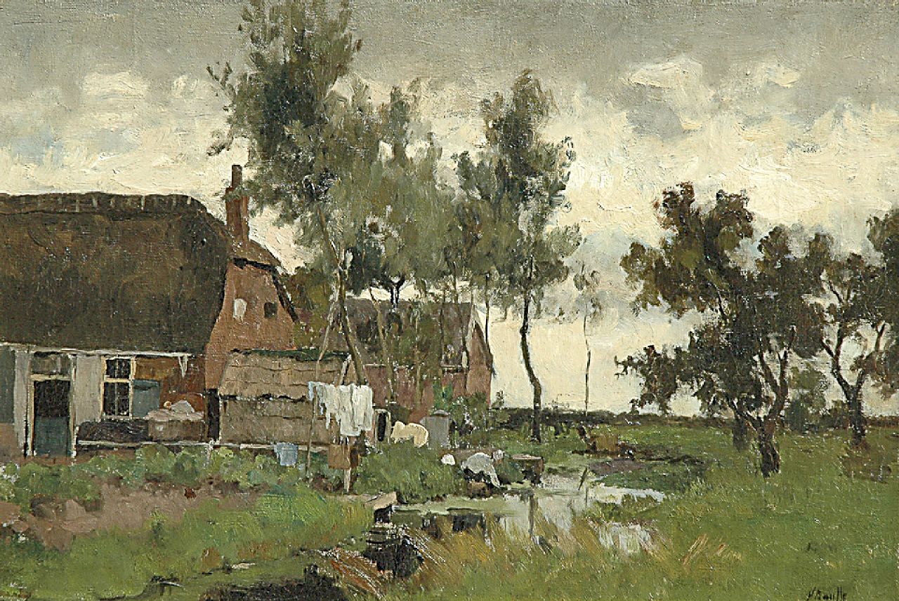 Bauffe V.  | Victor Bauffe, Landscape with a washerwoman by a waterway, oil on canvas 33.7 x 49.6 cm, signed l.r.