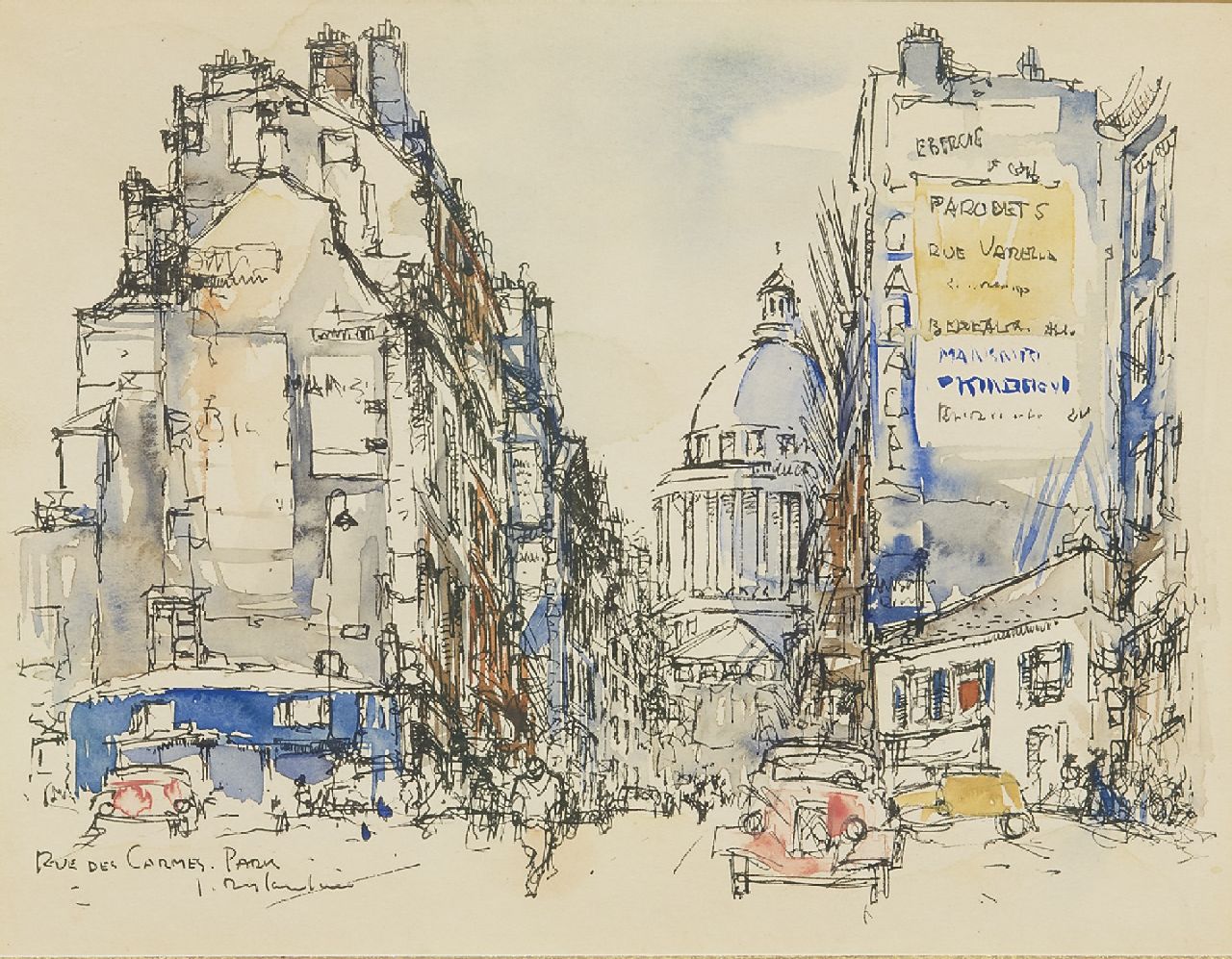 Rijlaarsdam J.  | Jan Rijlaarsdam, The Rue des Carmes, Paris, with a Citroën Traction Avant, pen, ink and watercolour on paper 18.9 x 24.2 cm, signed l.l. and executed in the 1950s